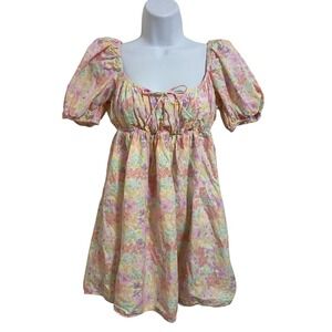 For Love & Lemons Floral‎ Print Puff Sleeve Square Neck Mini Dress Cottagecore S